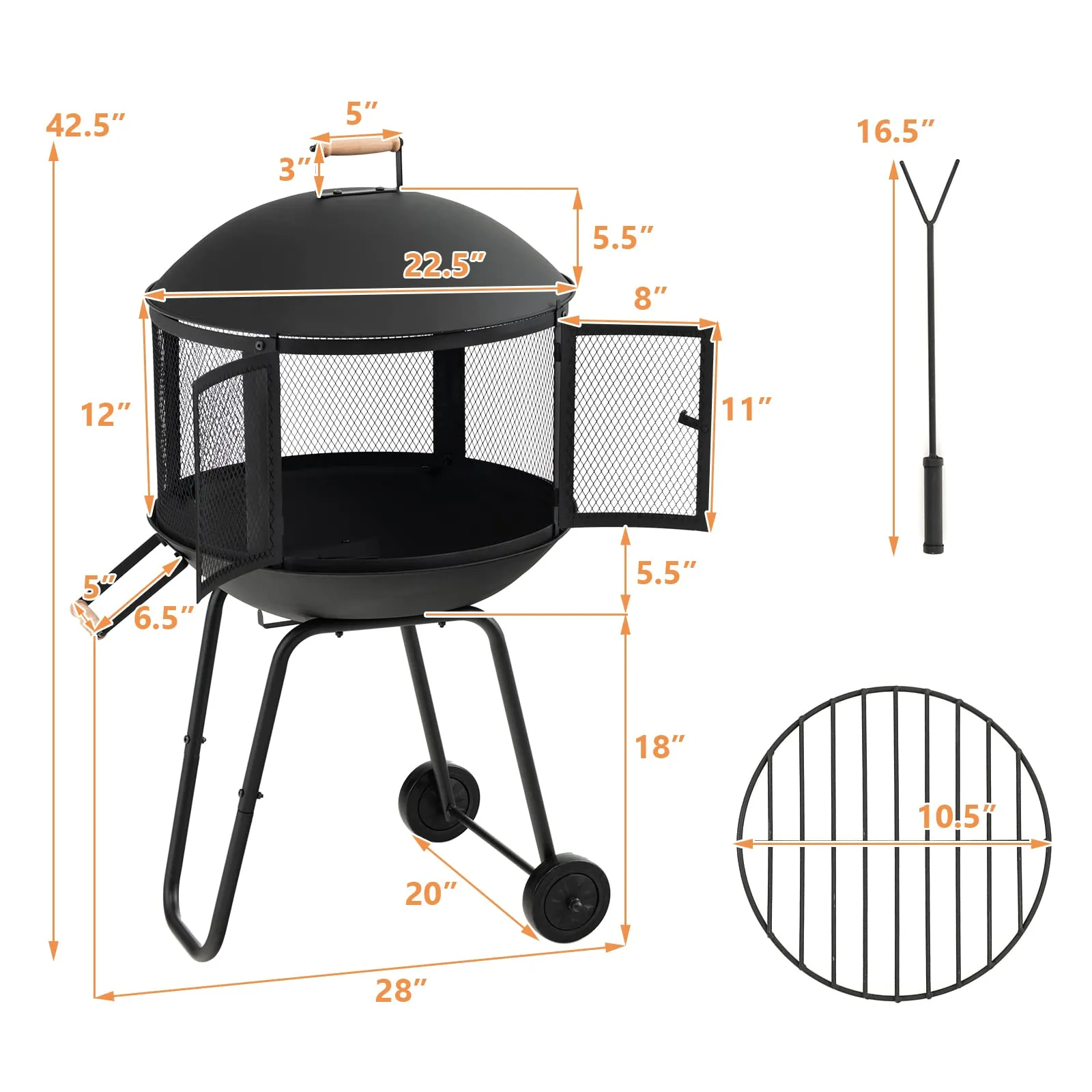 Tangkula Portable Fire Pit with Wheels, 28 Inch Wood Burning Fire Pit with Log Grate