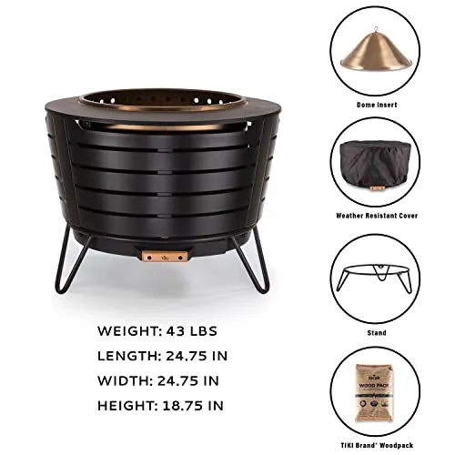 TIKI Brand Smokeless Patio Fire Pit, Wood Burning Outdoor Fire Pit - Includes Wood Pack, Modern Design with Removable Ash Pan, 24.75 x 24.75 x 18.75 inches, Black