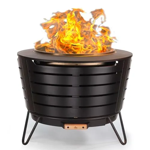 TIKI Brand Smokeless Patio Fire Pit, Wood Burning Outdoor Fire Pit - Includes Wood Pack, Modern Design with Removable Ash Pan, 24.75 x 24.75 x 18.75 inches, Black