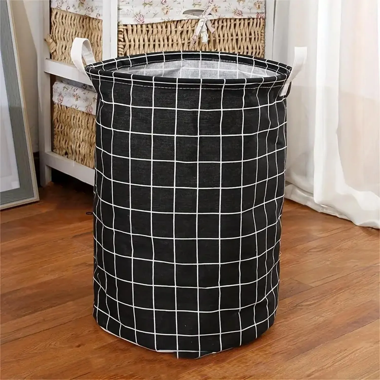 Urbane Home Foldable Storage Basket|Round Toy Storage Bin|Side Grab Handle|Wardrobe, Closet Organizer (Black)