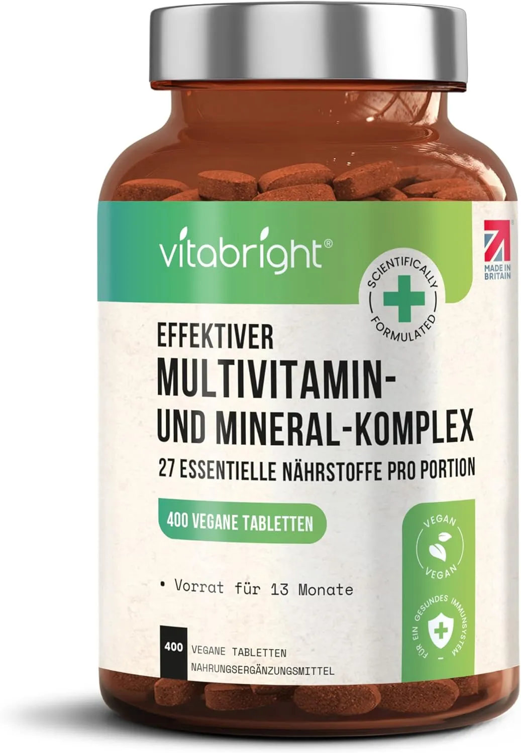 VitaBright 400 Vegan Multivitamin Tablets - 13 Month Supply - 27 Essential Vitamins & Minerals, Keto-Friendly, Made in UK