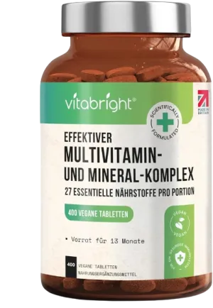 VitaBright 400 Vegan Multivitamin Tablets - 13 Month Supply - 27 Essential Vitamins & Minerals, Keto-Friendly, Made in UK