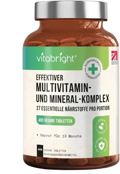 VitaBright 400 Vegan Multivitamin Tablets - 13 Month Supply - 27 Essential Vitamins & Minerals, Keto-Friendly, Made in UK