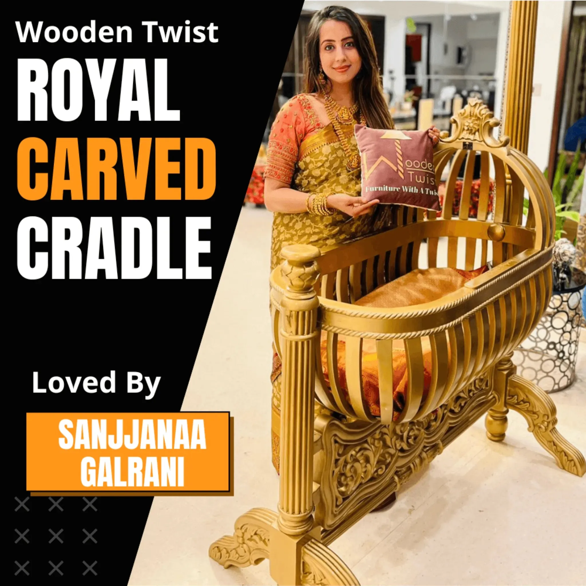 Wooden Twist Premium Royal Teak Wood Baby Cradle ( Golden Finish )